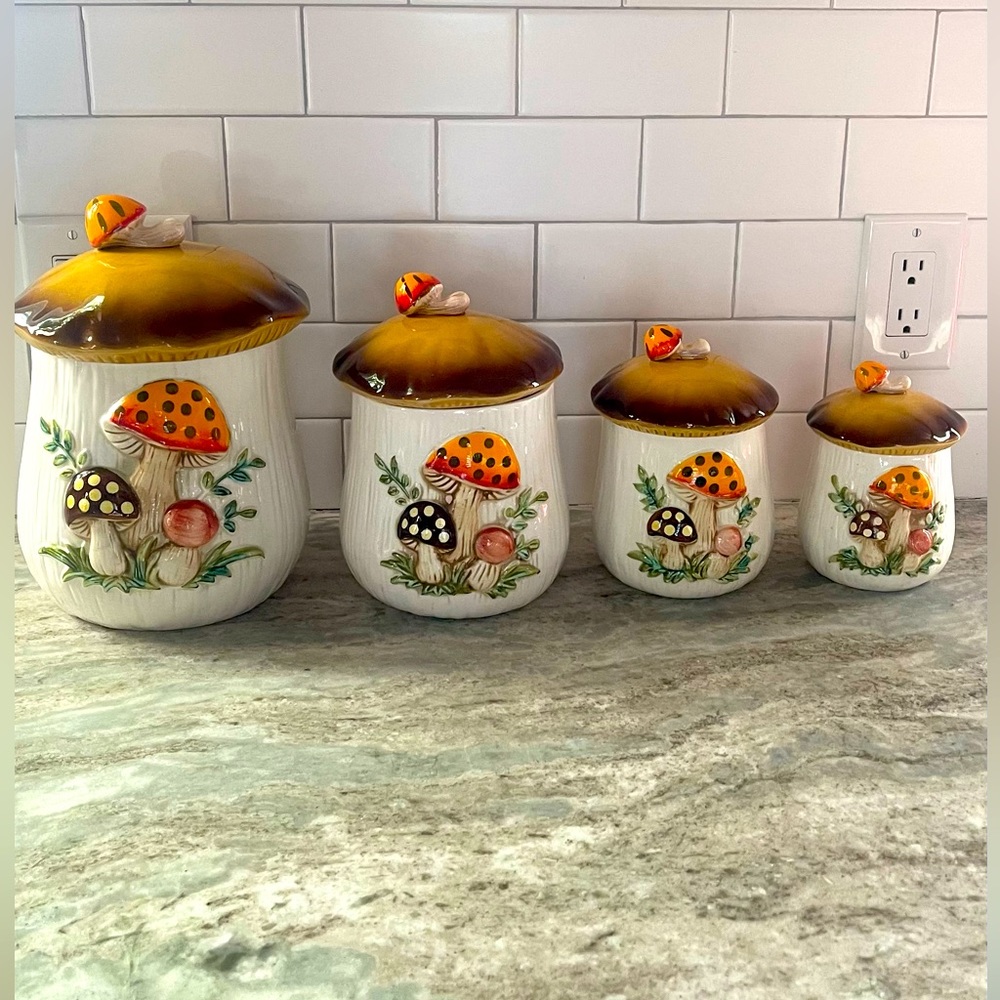 1978 Sears, Roebuck &Co. Merry Mushroom 4 Piece Canister Set with Lids